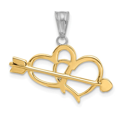 14k Yellow Gold with White Rhodium Diamond-cut Hearts and Arrow Pendant