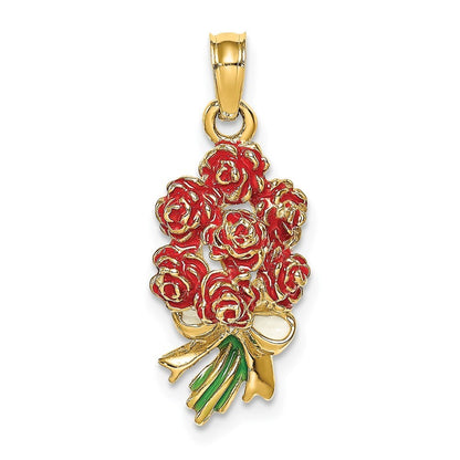 14k Yellow Gold Enameled Bouquet of Red Roses