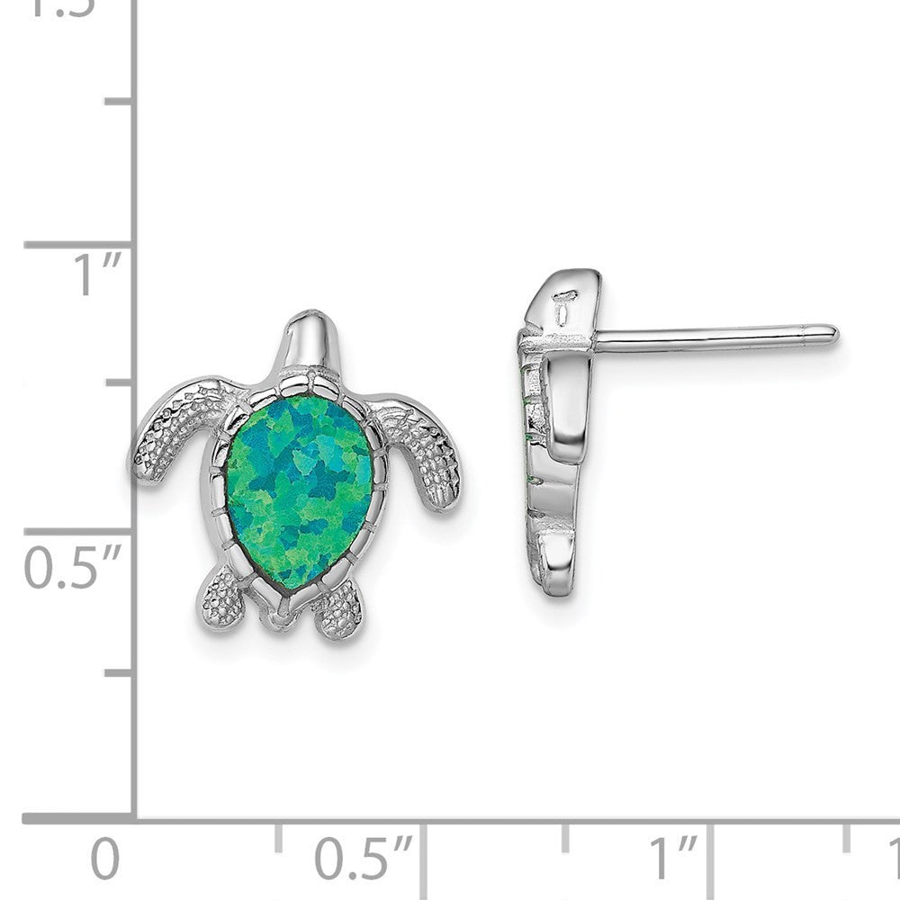 Sterling Silver Rhodium-plated Polished Green Created Opal Turtle Stud Earrings