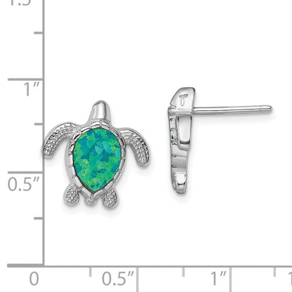 Sterling Silver Rhodium-plated Polished Green Created Opal Turtle Stud Earrings