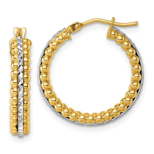 14k Two Tone Polished and Diamond-cut and Beaded Hoop earrings
