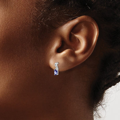 Sterling Silver Rhodium Plated Diamond & Tanzanite Oval Dangle Earrings