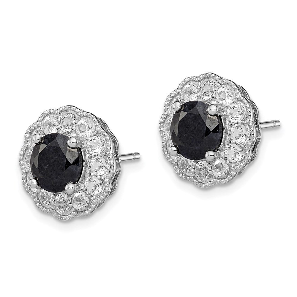 Sterling Silver Rhodium-plated Black Sapphire & White Topaz Button Stud Earrings