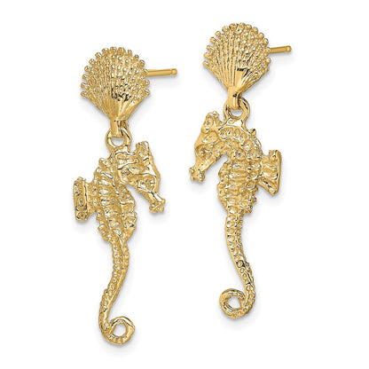 14k Yellow Gold Shell & Seahorse Dangle Earrings