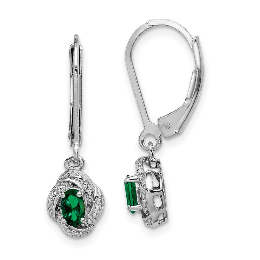 Sterling Silver Rhodium-plated Diam. & Created Emerald Dangle Earrings