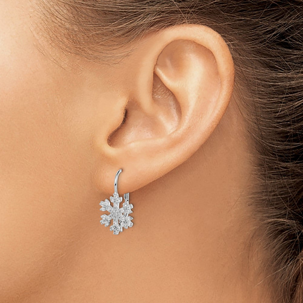 Sterling Silver Rhodium-plated CZ Snowflake Leverback Dangle Earrings
