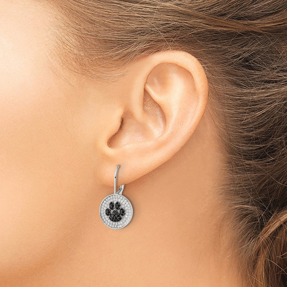Sterling Silver Rhodium-plated Polished CZ Paw Print Leverback Dangle Earrings