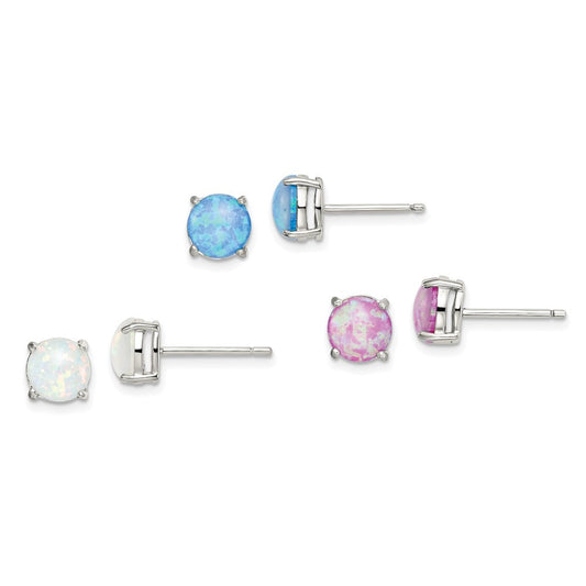 Sterling Silver Polished Pink White & Blue Created Opal Stud Earrings 3 Pair Set