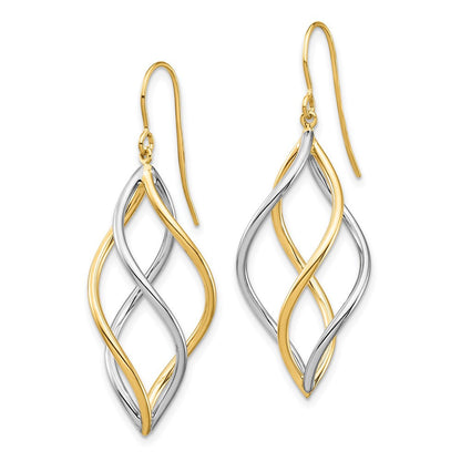 14k Two-tone Gold Twisted Polished Dangle Shepherd Hook Earrings