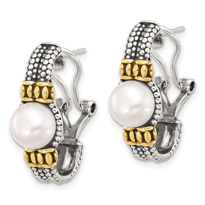 Sterling Silver Gold-tone Antiqued Synthetic Pearl Omega Back Dangle Earrings