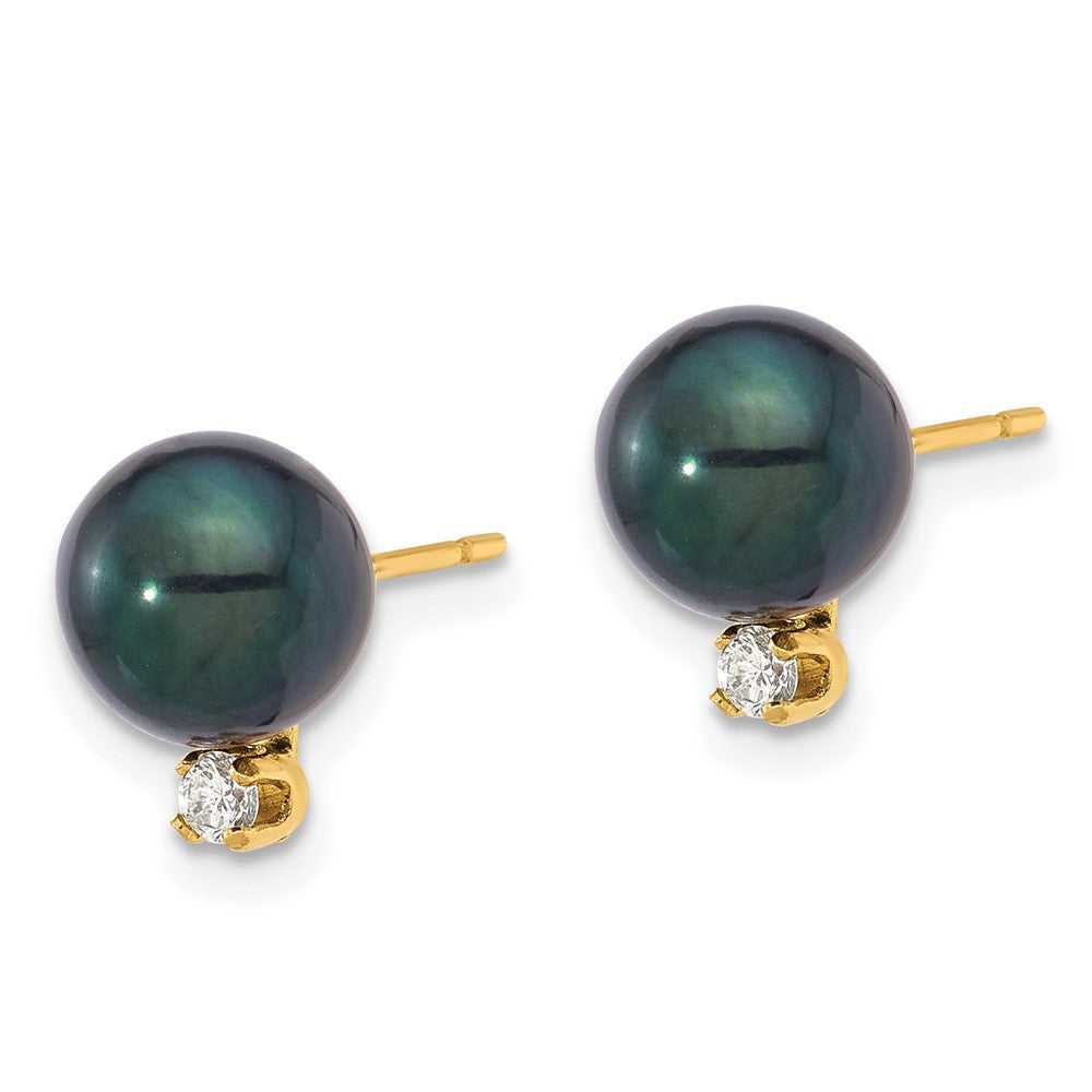 14k Yellow Gold 8mm Black Akoya Saltwater Cultured Pearl & Diamond Stud Earrings