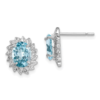 Sterling Silver Rhodium Plated Blue Topaz and Diamond Button Stud Earrings