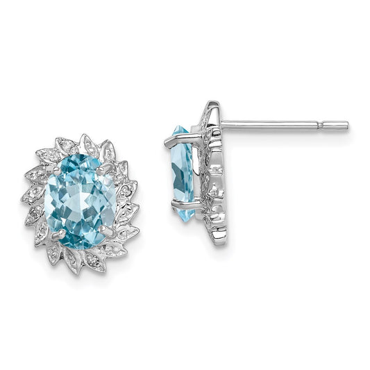 Sterling Silver Rhodium Plated Blue Topaz and Diamond Button Stud Earrings