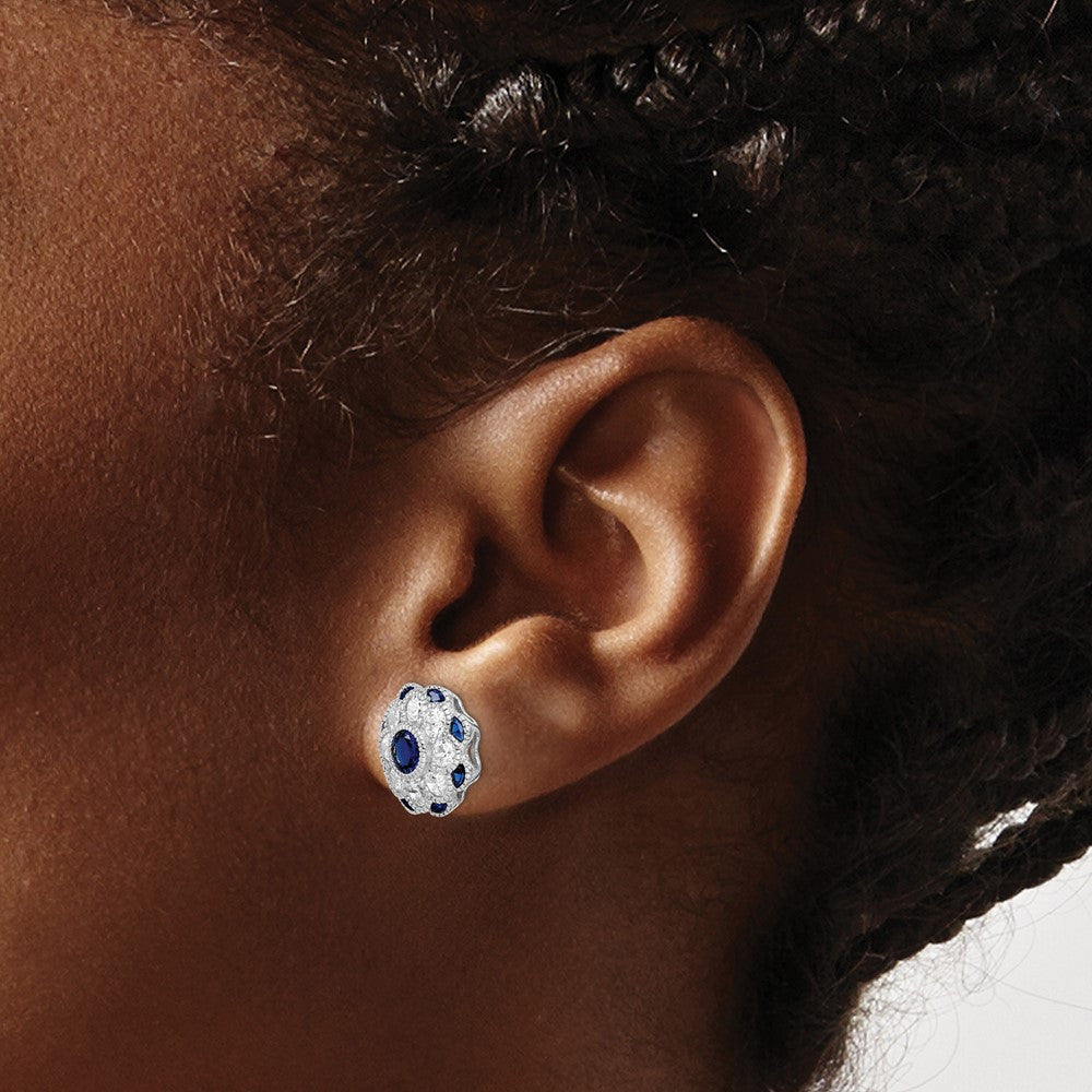 Sterling Silver CZ and Synthetic Blue Spinel Flower Stud Earrings