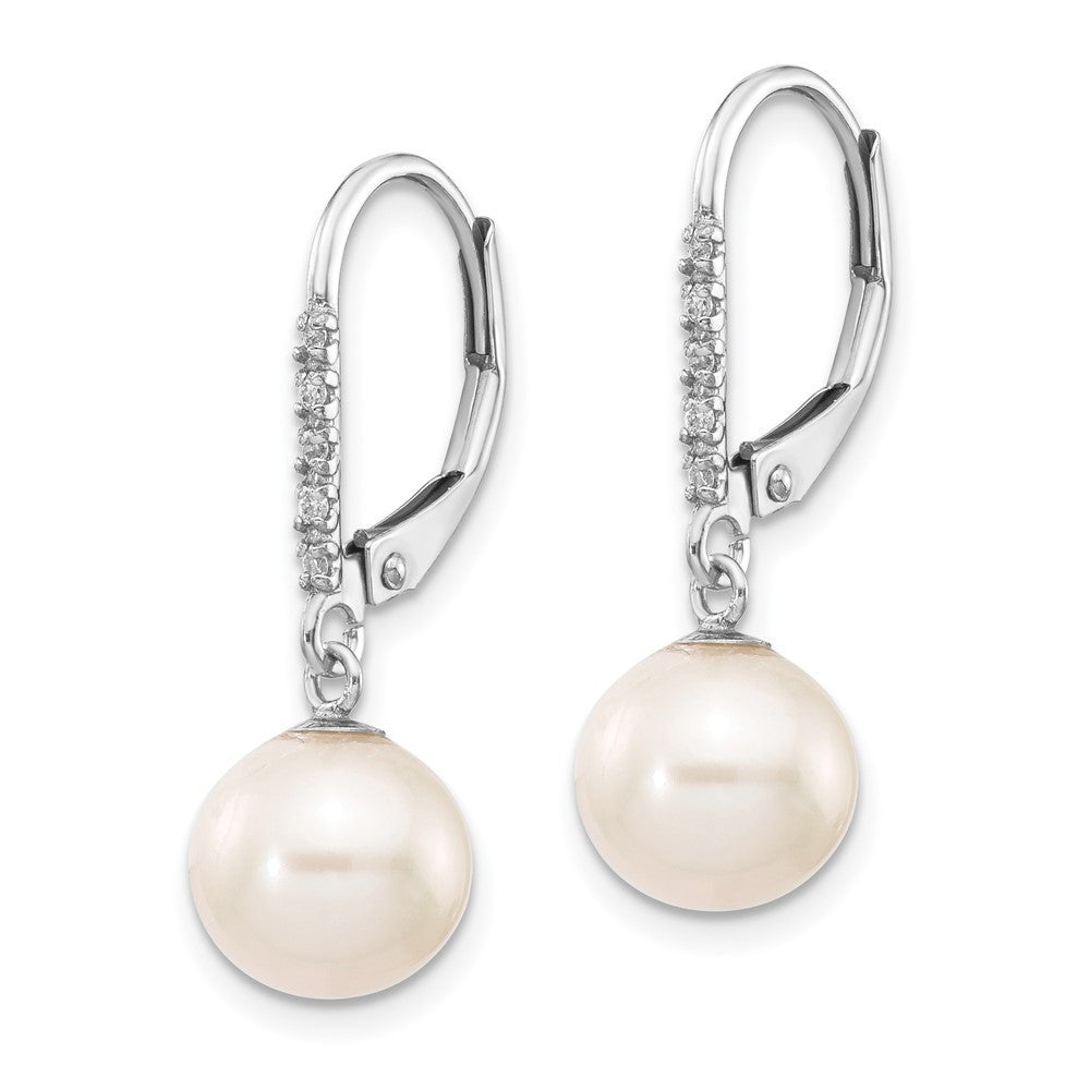 14k Gold 8-9mm Freshwater Cultured Pearl and Diamond Dangle Earrings