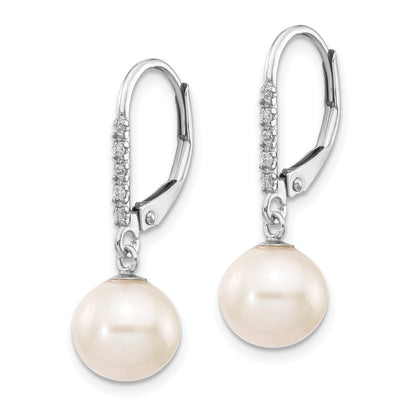 14k Gold 8-9mm Freshwater Cultured Pearl and Diamond Dangle Earrings