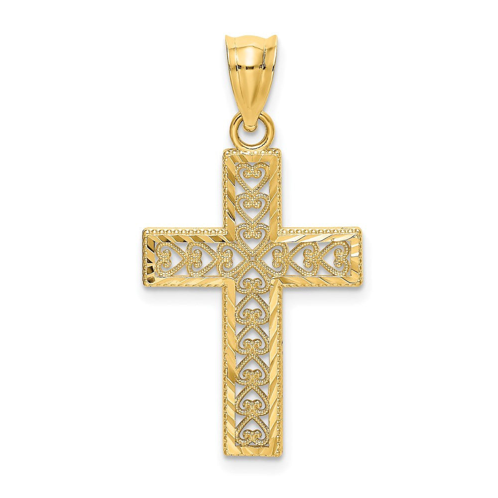 14k Yellow Gold D/C Edge and Filigree Center Cross Charm Pendant