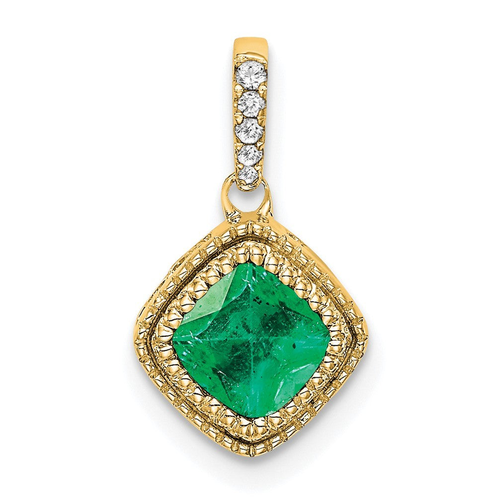 14k Yellow Gold Cushion Emerald and Diamond Pendant