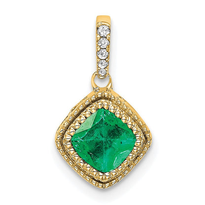 14k Yellow Gold Cushion Emerald and Diamond Pendant