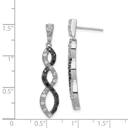Sterling Silver Rhod-plated Black & White CZ Twist Dangle Earrings
