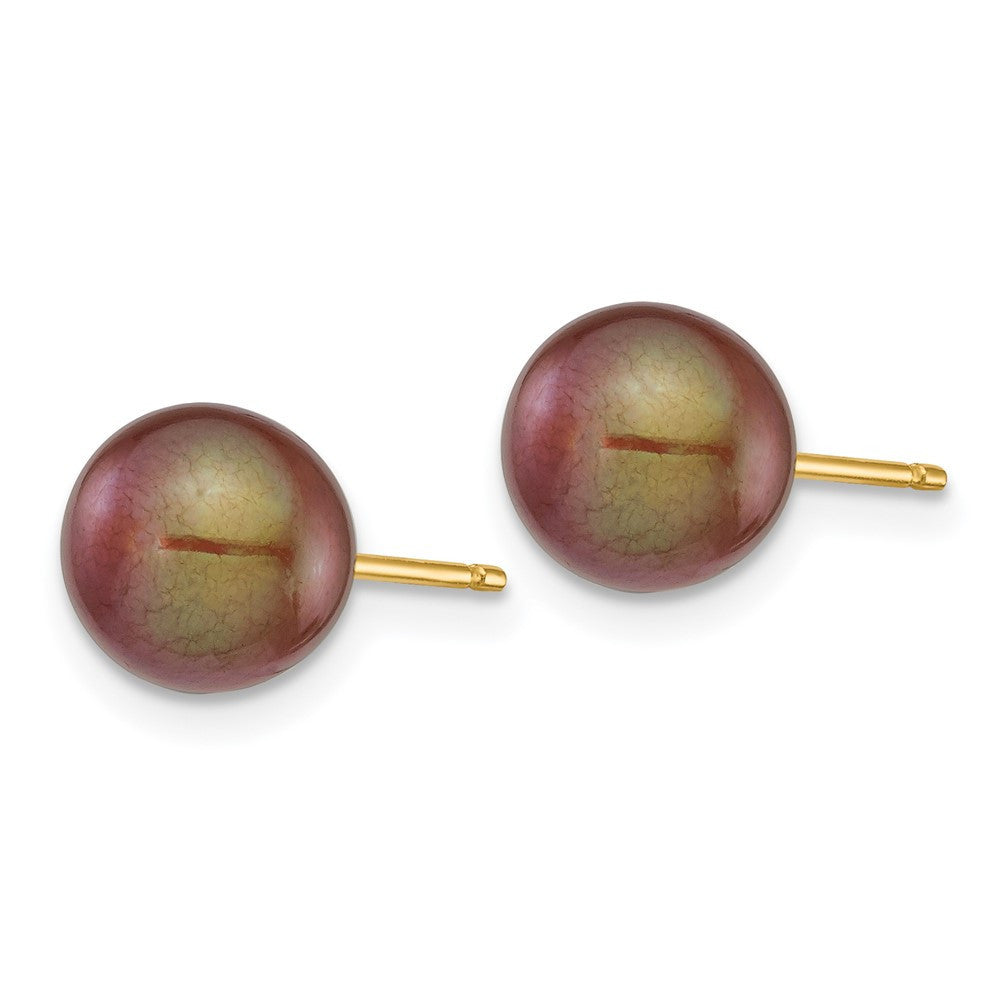 14k Yellow Gold 7-8mm Brown Round Freshwater Cultured Pearl Ball Stud Earrings