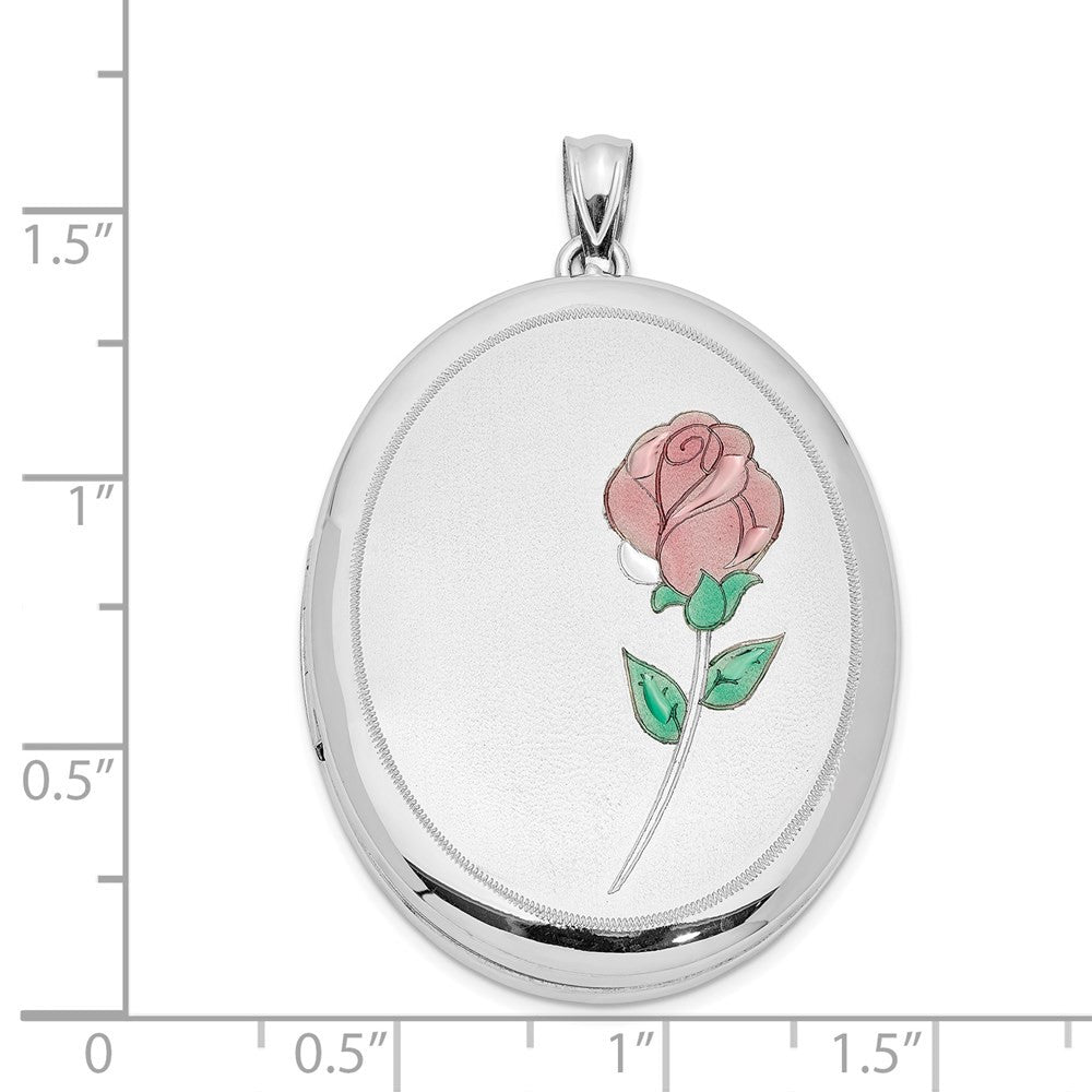 Sterling Silver Satin & Polished Enamel Rose 34mm Oval Locket Pendant