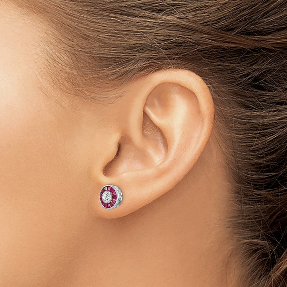 Sterling Silver Rhodium-plated CZ /Created Ruby Halo Button Stud Earrings