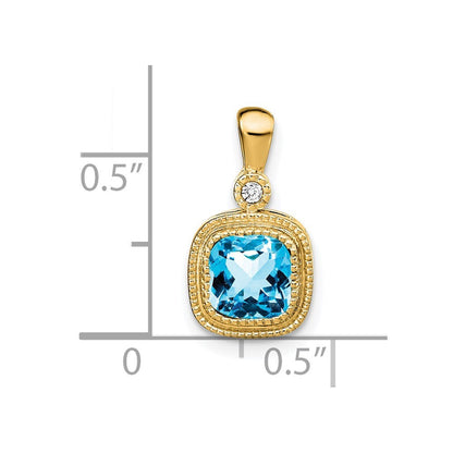 14k Yellow Gold Cushion Blue Topaz and Diamond Pendant