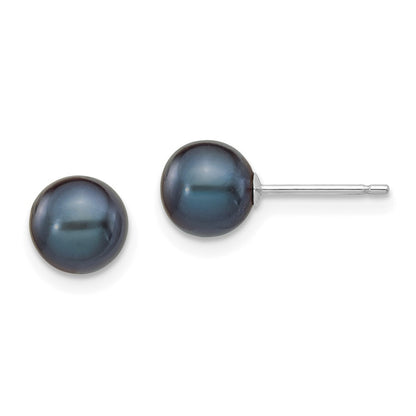14k White Gold 6-7mm Black Round Freshwater Cultured Pearl Stud Earrings