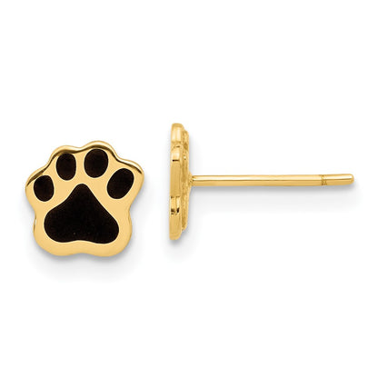 14k Yellow Gold Polished Paw with Black Enamel Button Stud Earrings