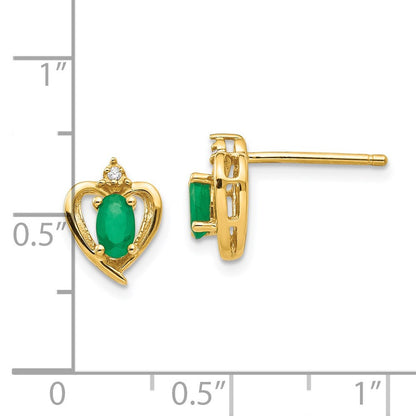 14k Yellow Gold Emerald and Diamond Heart Stud Earrings