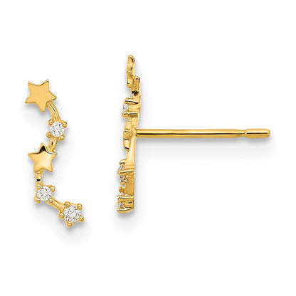14k Yellow Gold Curved Stars CZ Dangle Stud Earrings