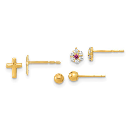 14k Yellow Gold Polished CZ Flowers and Cross Stud Earrings 3 Pair Set