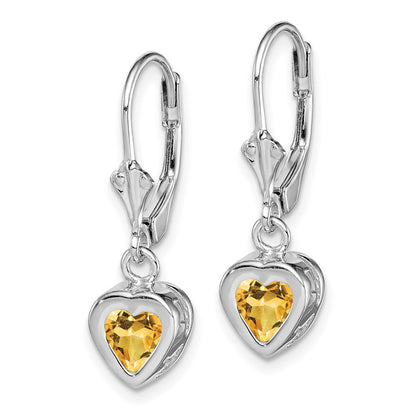 Sterling Silver Rhodium Plated 6mm Heart Citrine Leverback Dangle Earrings
