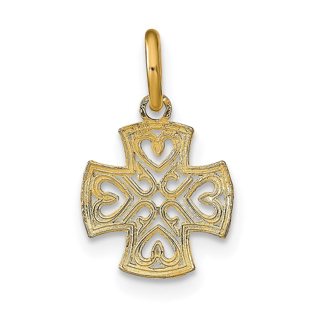 14k Yellow Gold Rhodium and Diamond-Cut Hearts In Cross Charm Pendant