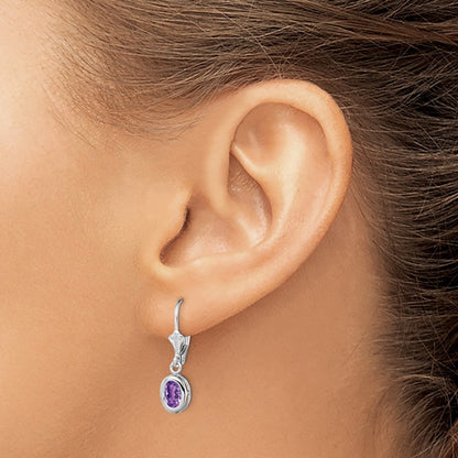 Sterling Silver Rhodium Plated 7x5mm Oval Amethyst Leverback Dangle Earrings
