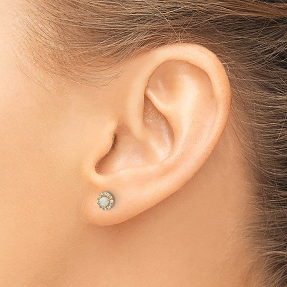 14k Yellow Gold Polished CZ and Created Opal Circle Screwback Stud Earrings