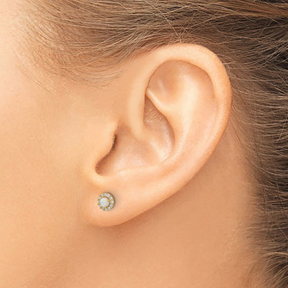 14k Yellow Gold Polished CZ and Created Opal Circle Screwback Stud Earrings