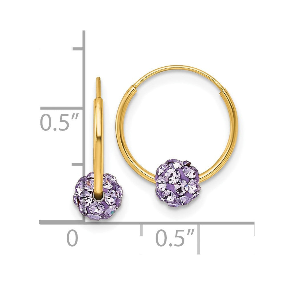 14k Yellow Gold Polished Lavender Crystal and Resin Bead Endless Hoop Earrings