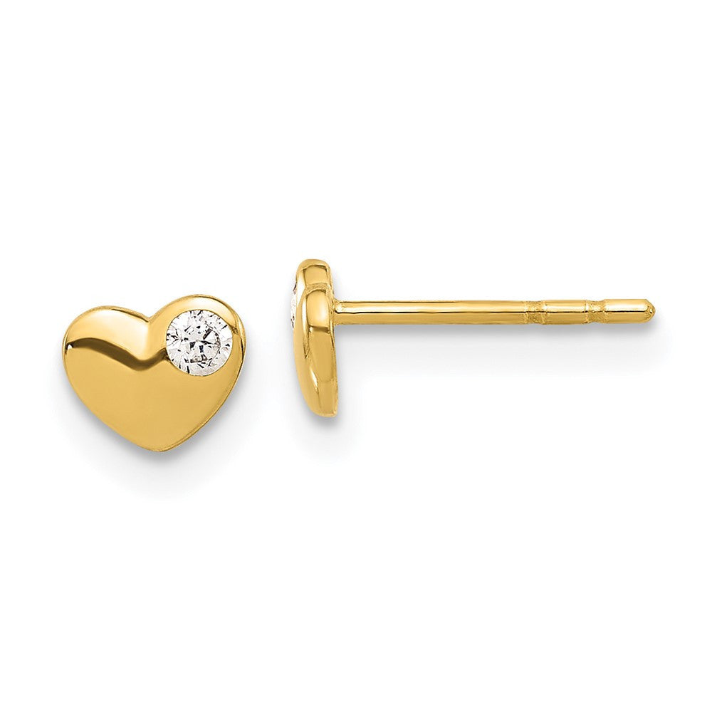 14k Yellow Gold CZ Heart Button Stud Earrings
