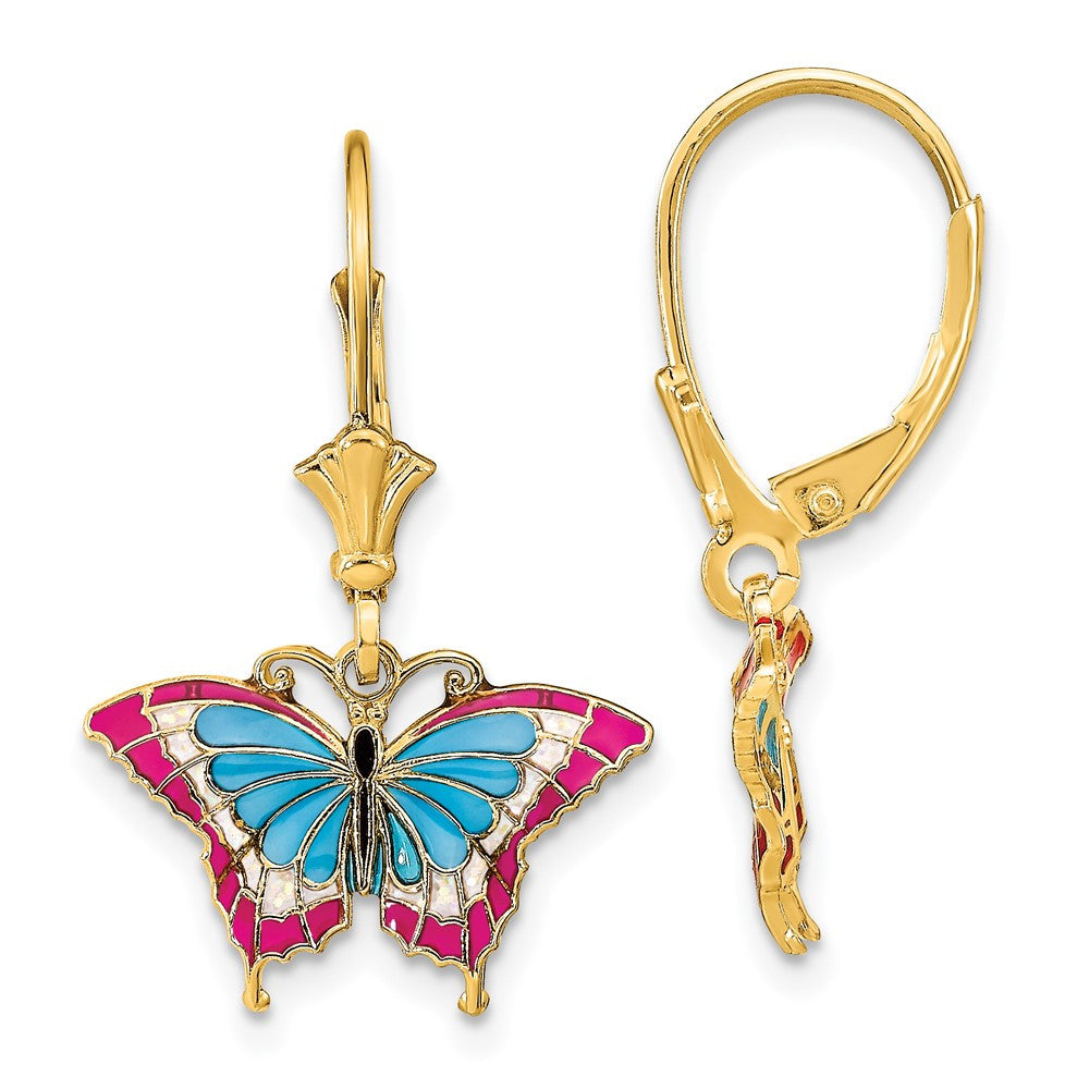 14k Yellow Gold Blue and Red Enameled Wings Butterfly Drop & Dangle Earrings