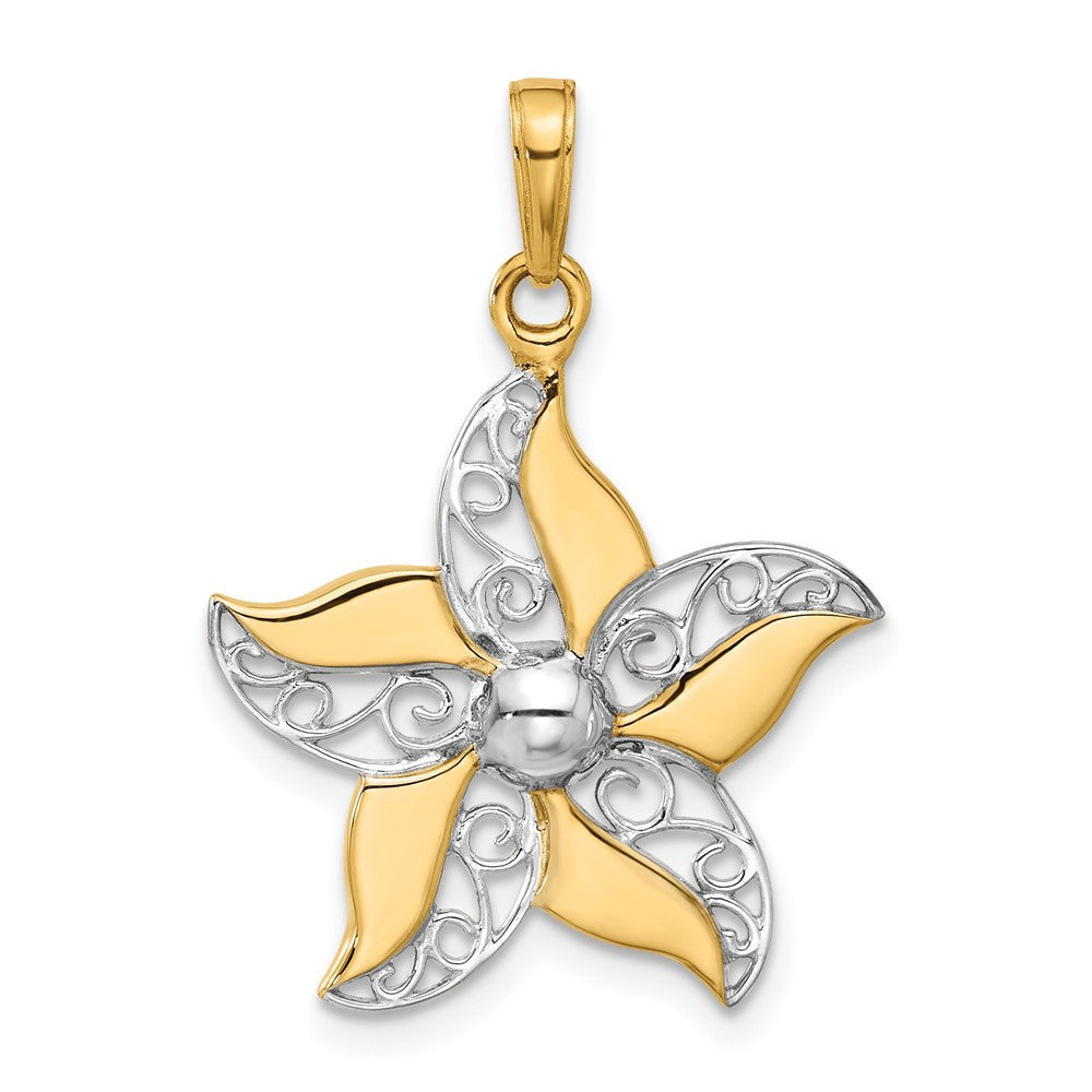 14k Yellow Gold and White Rhodium Filigree Flower Pendant