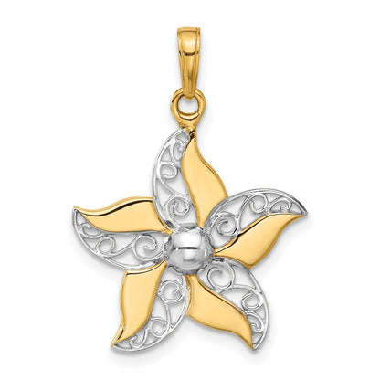14k Yellow Gold and White Rhodium Filigree Flower Pendant
