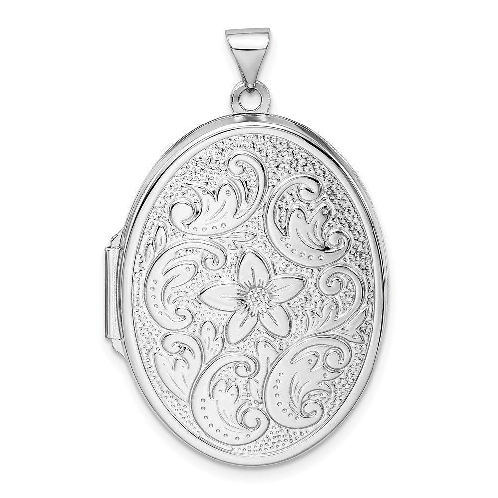 Sterling Silver Rhodium-plated Reversible Floral Swirl Oval Locket Pendant