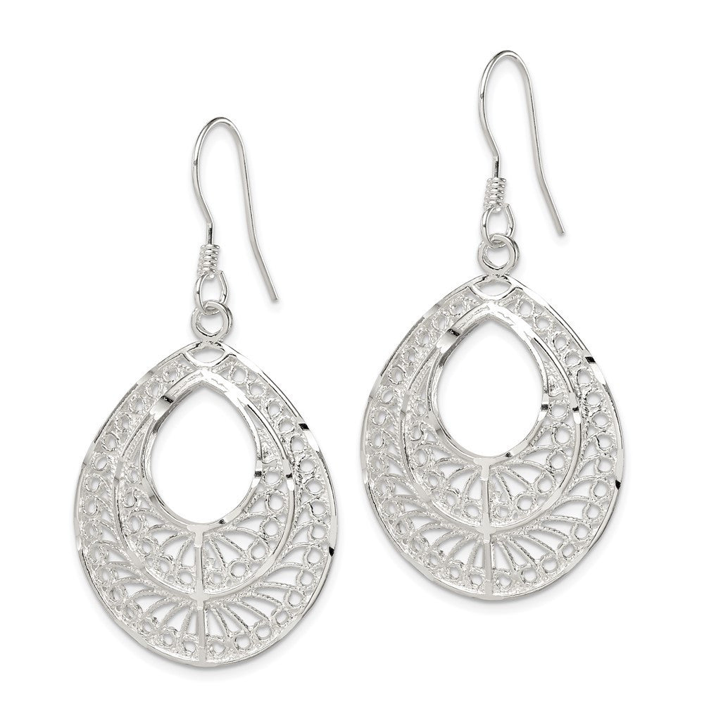Sterling Silver Polished Textured D/C Filigree Tear Dangle Earrings