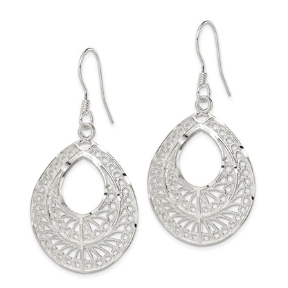Sterling Silver Polished Textured D/C Filigree Tear Dangle Earrings