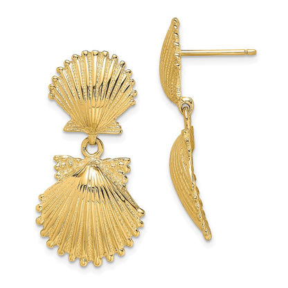14k Yellow Gold Double Scallop Shell Dangle Earrings