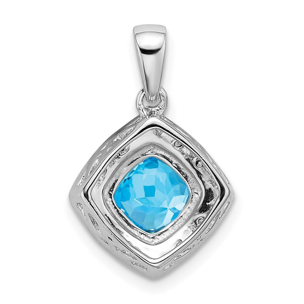 14k White Gold Cushion Blue Topaz and Diamond Pendant