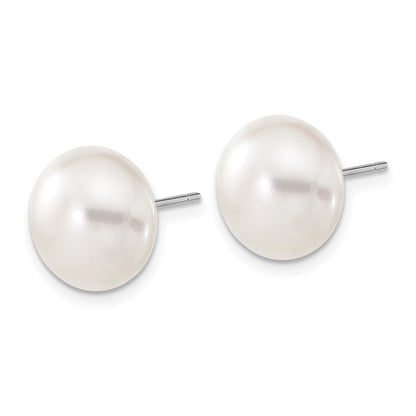 14k White Gold 11-12mm White Button Freshwater Cultured Pearl Stud Earrings