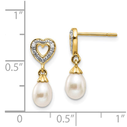 14k Yellow Gold 7x5mm Teardrop FWC Pearl .01ct Heart Diamond Dangle Earrings